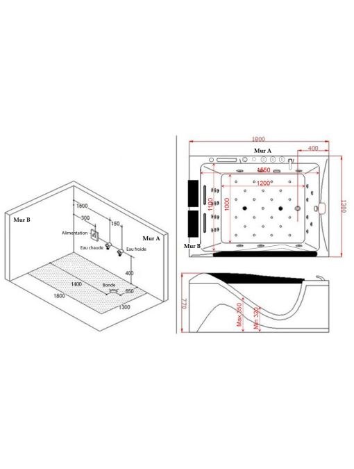 Plan Implantation Baignoire balnéo D-Cayenne 48 jets