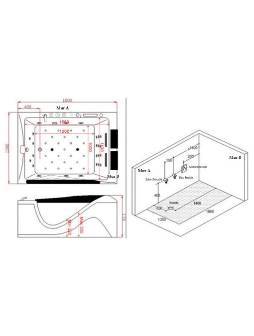 Plan Implantation Baignoire balnéo G-Cayenne 48 jets