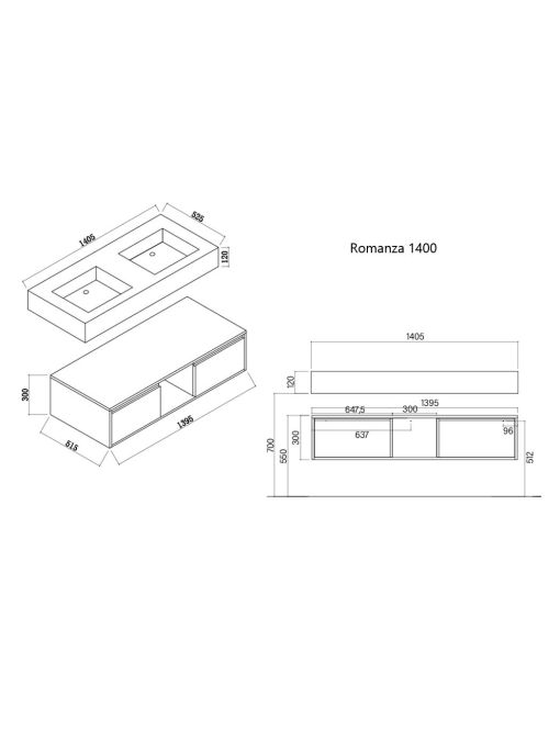 Dimensions meuble de salle de bain ROMANZA_1400 Noir