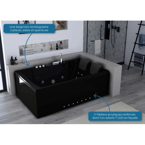 Baignoire balnéo 2 places rectangulaire Belize Droite noire 32 jets