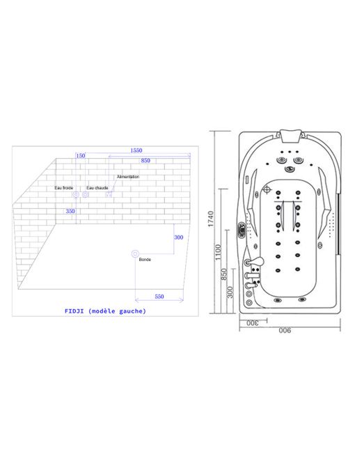 Baignoire balnéo G-Fidji 30 jets plan implantation