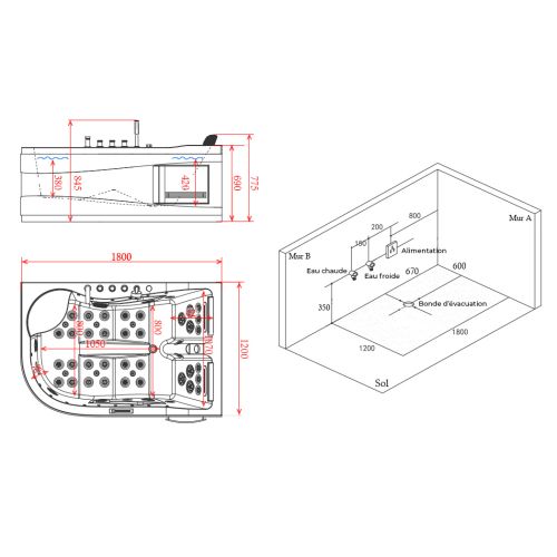 Baignoire Design balnéo Kalliste Gauche 47 jets