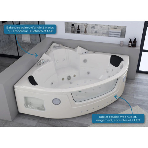 Baignoire d'angle massante 2 places avec hublot