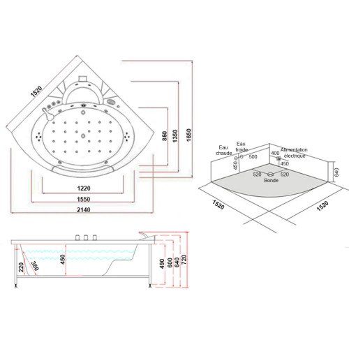 Baignoire d'angle massante 2 places avec hublot