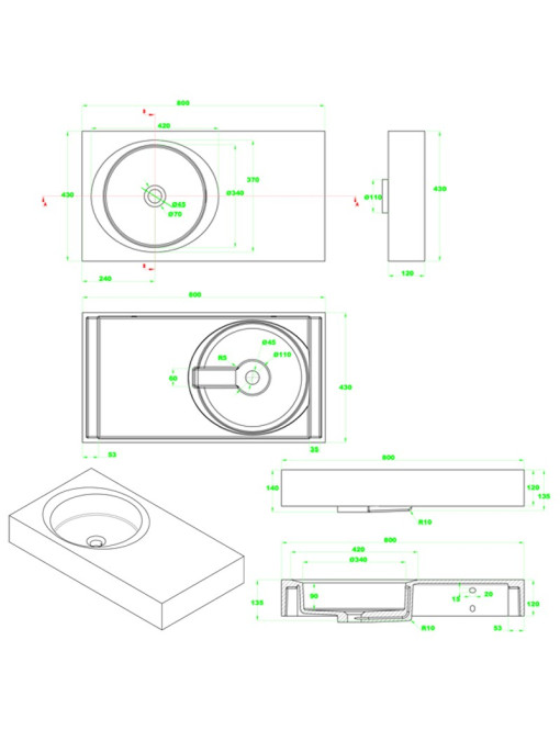 Plans techniques du plan vasque SDBK800