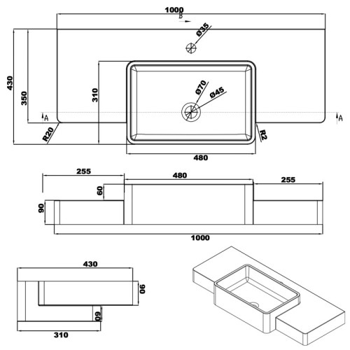 Plan vasque mural avec vasque rectangulaire SDK6