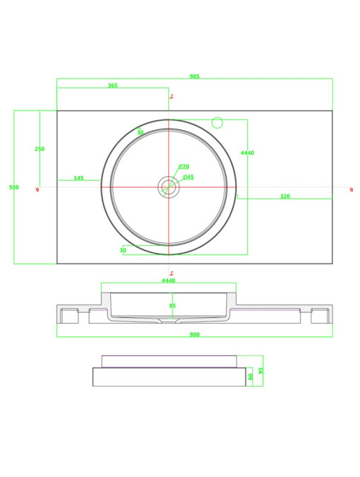SDPW46 plan coté du plan vasque avec vasque ronde à rebords