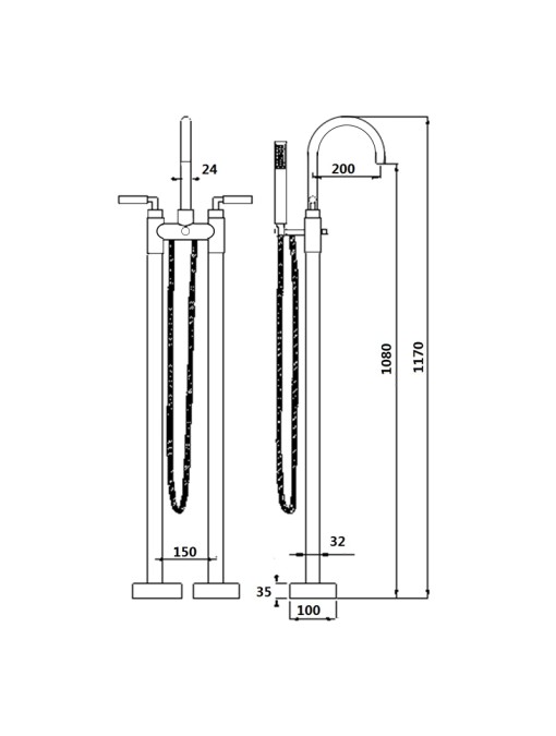 Plan et dimensions robinet sur pieds E106