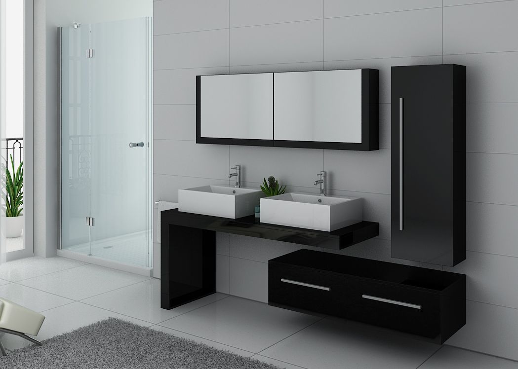 Meuble De Salle De Bain Noir Laque Double Vasque Dis9350n Meuble Double Vasque Design