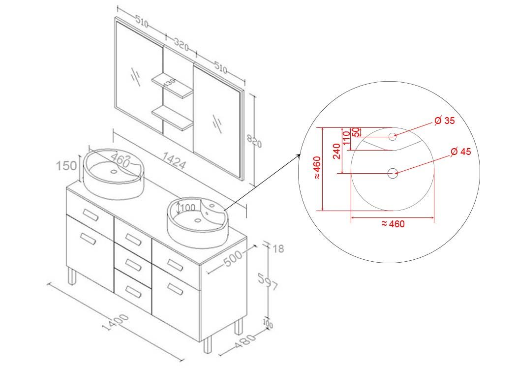 Meuble double vasque avec pied DIS911CO, meuble de salle de bain 2