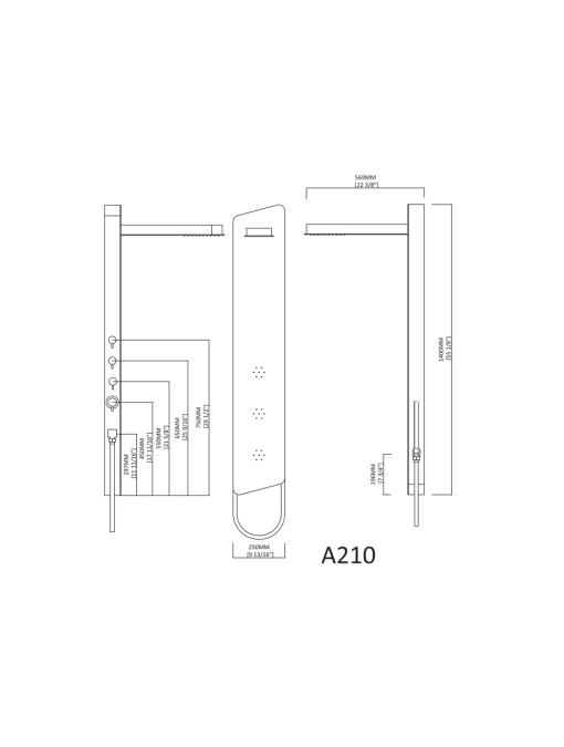 Plan et dimensions de la colonne d'hydromassage A210