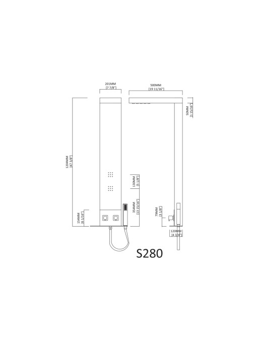 Dimensions colonne d'hydromassage S280