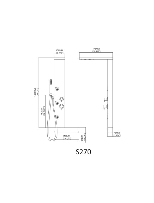 Dimensions de la colonne d'hydromassage S270